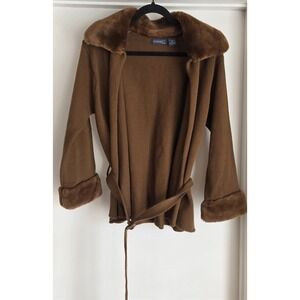 Vintage De Rotchild Women's Cardigan Size 2X Brown Belted Sweater Faux Fur Korea